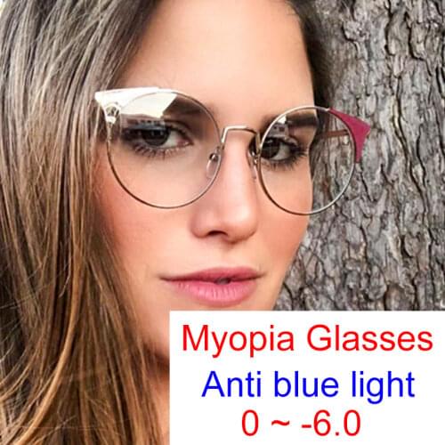 Blue Light Blocking Prescription Myopia Glasses -2.0 -3.5 -4.5 Fashion Metal Round Cat Eye Eyeglasses Frame Computer Vision Care