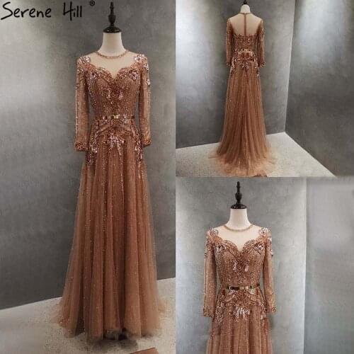 Serene Hill Muslim Gold A-Line Evening Dresses Gowns 2021 Beaded Luxury For Women Wedding Party LA70935