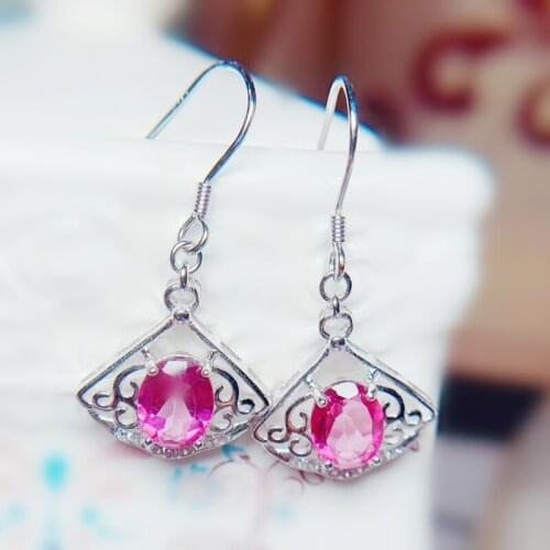 Per jewelry Natural pink topaz or pink opal fan style drop earring 1.6ct*2pcs gemstone 925 sterling silver Fine jewelry T204311