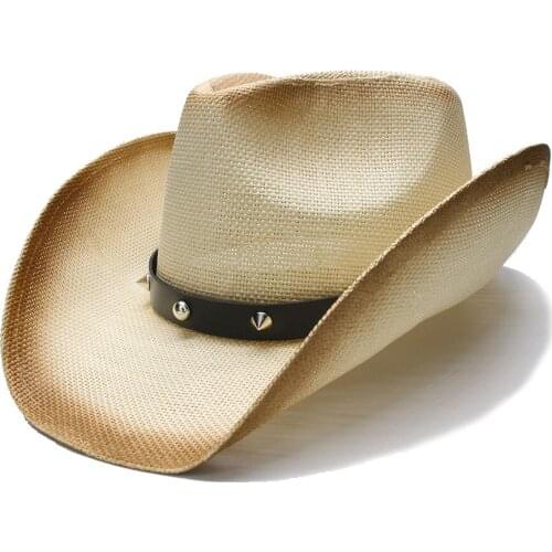 Punk Style Womens Mens Summer Straw Wide Brim Beach Western Cowgirl Fedora Cowboy Hat Rivet Leather Band (One Size 58cm)