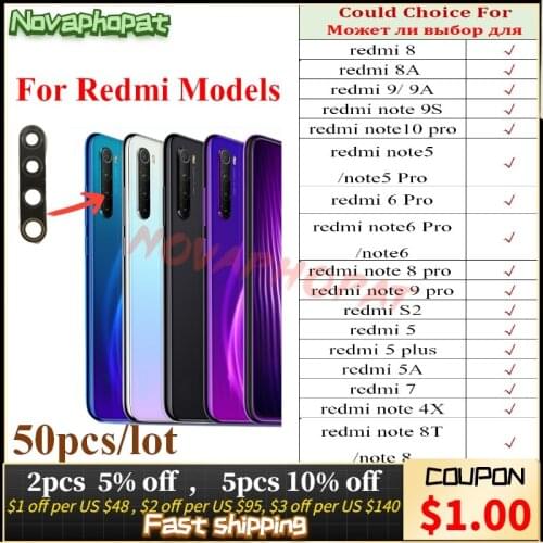 Novaphopat Real Camera Glass For Xiaomi Redmi Note 8T 8 8A 9 9A 9S 4X 5 5A 6 7 S2 10 Pro Plus Back Rear Camera Glass Lens 50pcs