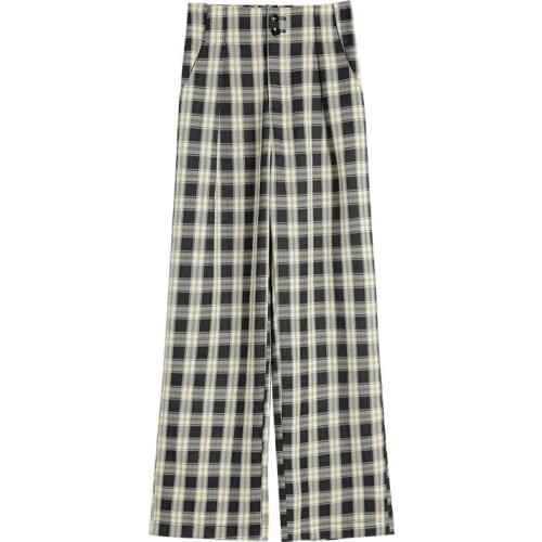 Vintage Plaid Pants Women Elastic Waist Loose Korean Harajuku High Waist Trousers 2021 Casual Retro Wide Leg Pants