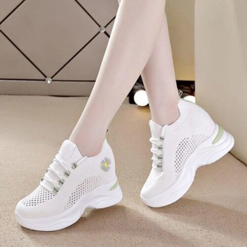 Womens Thick Bottom Shoes Increasing Internal Knitted Lace Up Women Footwear Outdoor Breathable Leisure Ladies Shoe Mesh