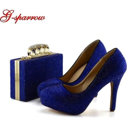 2019 Handmade Women Rhinestone Party Pumps Royal Blue Crystal Wedding Shoes with Matching Purse Evening Dress Shoes with Bag
