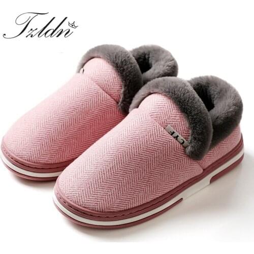 TZLDN Women Winter Warm Home Slipper Couple Shoes Female Plush Herringbone Upper Slip On Soft Indoor Flats Comfort Cotton Shoes