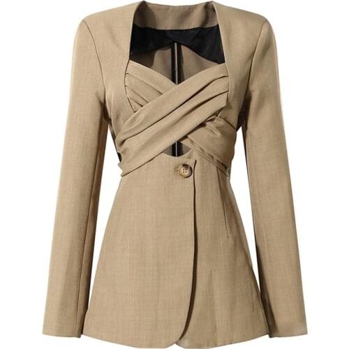 Women Khaki Black Blazer Coat Retro Vintage Notched Collar 2021 Fashion Female Blazer Jacket Casual Chic Tops Outwear