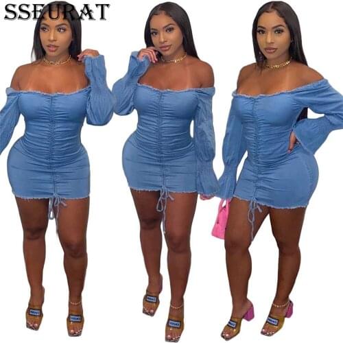 SSEURAT Women Denim Dress Off The Shoulder Full Sleeve Strapless Sheath Elastic Mini Dresses Female High Street Fashion Dress