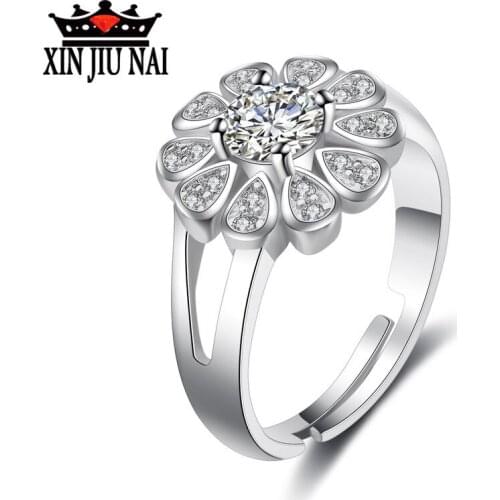 Flowers and Drills Sunflower Mosaic Simulated Diamond Ring Female Movable Opening Adjustable K-plated Platinum Ring
