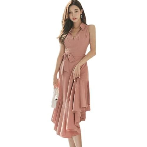 Pink pleated A line Dress one piece korean ladies Summer SLeeveless office cabaret party Sexy formal Dresses for women