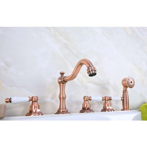Antique Red Copper Brass Widespread Three Handles Deck Mounted 5 Holes Bathroom Tub Faucet Mixer Tap With Handshower mtf226