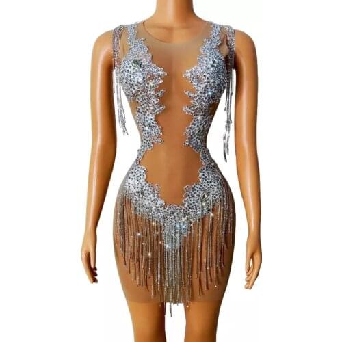 Shinning See Through Naked Deep V collar Hot Rhinestone Fringes Short Dress Sexy Birthday Prom Party Bodycon Nightclub Singer