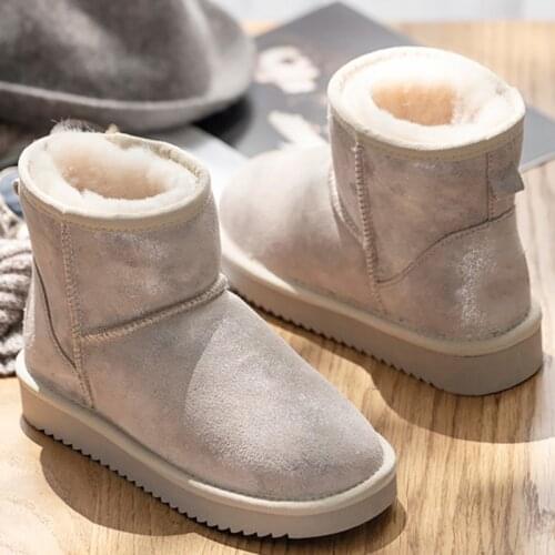 New genuine cowhide leather snow boots womens wool boots suede sheepskin flat-bottom non-slip warm winter large size shoes