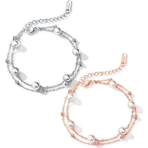 Double-Layered Pearl Bracelet Women Girl Rose Gold Silver Color Wrist Adjustable Chain Link 8.3Inch Charm Trendy Jewelry