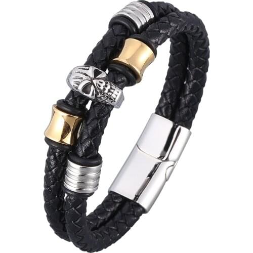 Punk Genuine Double Leather Bracelet Bangle Skull Charm Bracelet Men Women Woven Leather Rope Jewelry BB0951