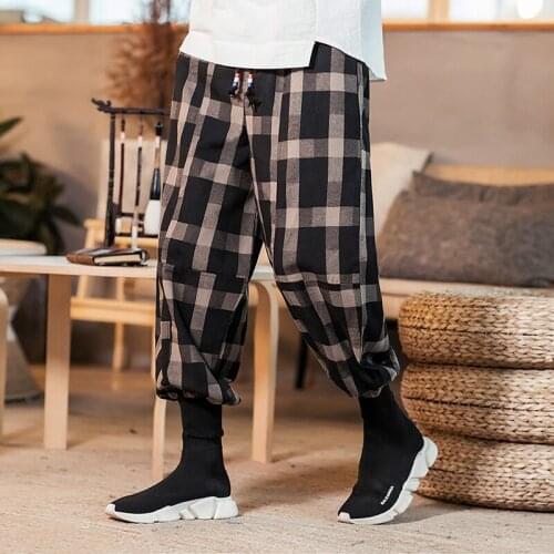 Male Streetwear Plaid Pants Mid Waist Loose Leisure Hiphop Pants
