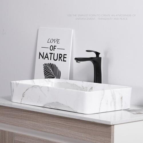 Home Ceramic Bathroom Vessel Sink Square Washbasin Faucet Nordic Simple Marble Pattern Art Above Counter Wash Basin