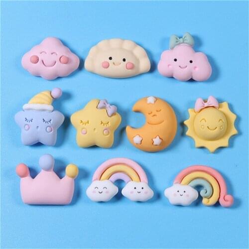Julie Wang 10PCS Resin Cartoon Charms No Hole Mixed Sun Moon Star Rainbow Cloud Crown Jewelry Making Accessory Decoration