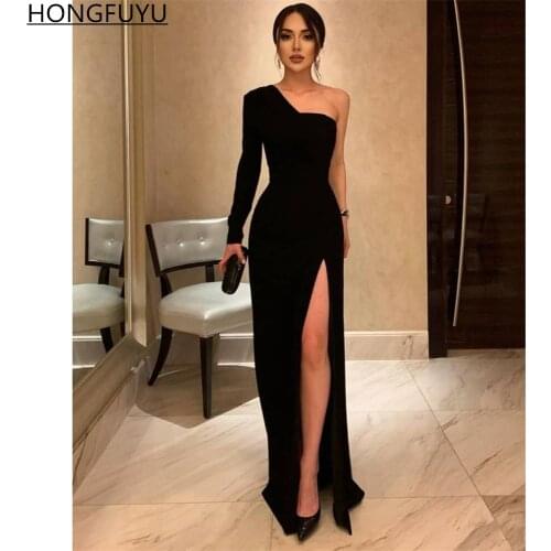 HONGFUYU Simple Black One Shoulder Evening Dress Long Sleeve Elastic Satin Side Slit vestidos de fiesta Maxi Formal Prom Dresses