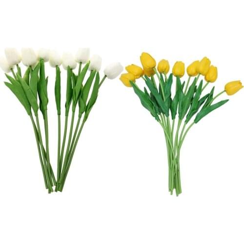 20 Pcs Artificial Tulip Flower Latex :10Pcs Yellow With Leaves For Wedding Bouquet Decorate With 10 Pcs White For Wedding Bouque