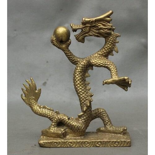 Folk Chinese FengShui Copper Brass Year Zodiac Dragon Play Ball Statue Figurine