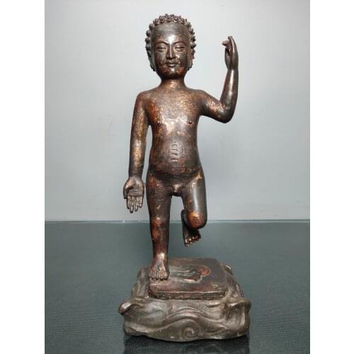 10"Chinese temple collection Old Bronze Cinnabar Lacquer Prince Buddha with one hand covering the sky Baby buddha