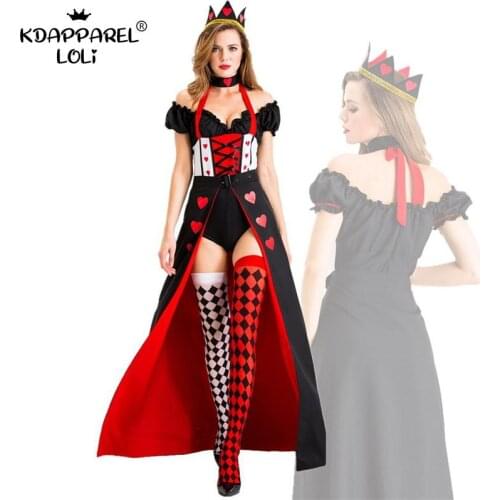 Halloween Adult Costume Red Heart Princess Queen Dress Cosplay Alice In Wonderland Drama Photography Props Teens Party Carnival