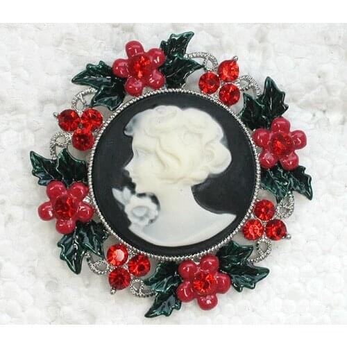 Red Rhinestone Flower brooch Pendant Portrait Cameo Pin brooches Wedding party prom jewelry C853 C