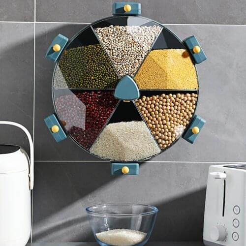 8.5L Large Rotating Storage Containers Food Dispenser Cereals Dry Food Fruit Rice Storage Box Wall Kitchen Organizer Box 6-Grid