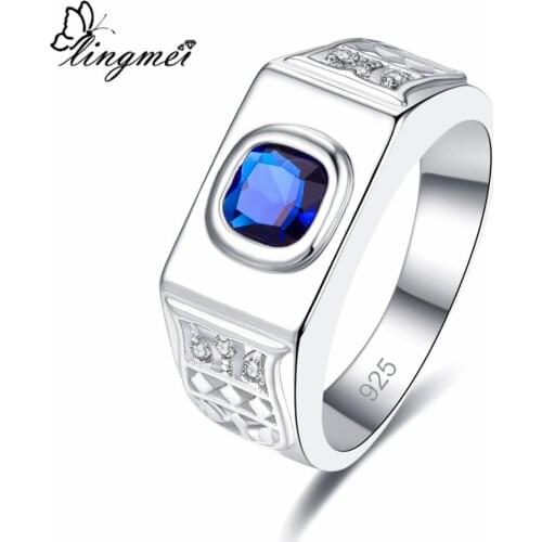 Lingmei Wholesale Band Bridegroom Wedding Jewelry PrincessBlueWhite Zircon Silver Color Ring Size 6-9 Free Shipping