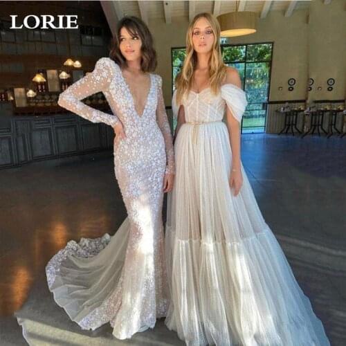 LORIE Boho Off the Shoulder Dot Tulle Floor Length Wedding Dress With Sleeves Elegant Tea Length Bride Gown For Party Reception