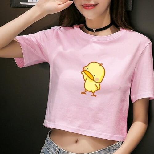 Sweet Little Yellow Duck Crop Tops Girls Kawaii Harajuku Women T Shirt 100% Cotton Ulzzang K Pop Cartoon Print Girls Summer Tees