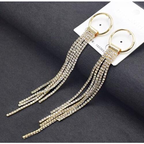 Fashion Long Tassel Earring For Women Silver Plated Inlay Rhinestone Vintage Dangle Drop Earrings Punk Statement Earring Jewelry