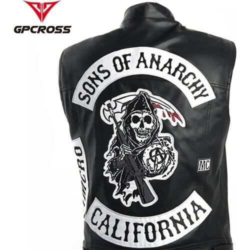 Men Motorcycle Spring Jackets SOA Punk Black Motorbike Gilet Sons of Anarchy Leather Moto Jacket Vest