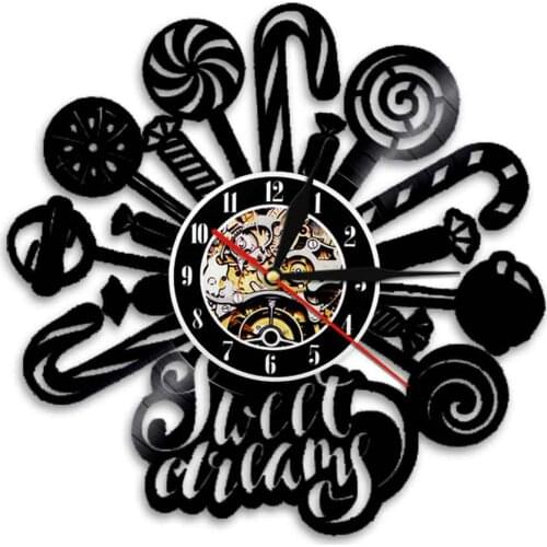 Sweet Dreams Vinyl Record Wall Clock LED Wall Sign Candy Cane Modern Design Wall Hanging Lamp Watch Artwork Gift For Children