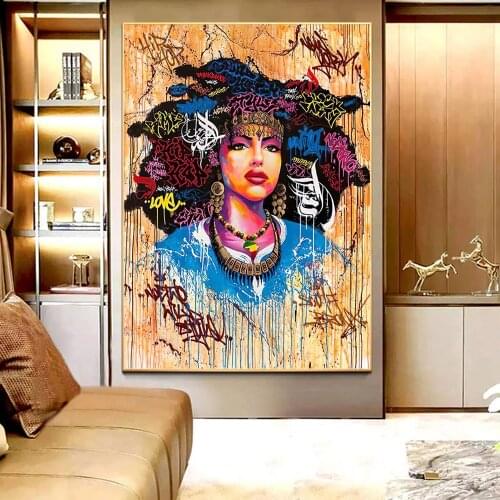 Fluffy Hair African Girl Canvas Painting Graffiti Art Canvas Art Posters Prints Wall Pictures for Living Room Home Cuadros Decor