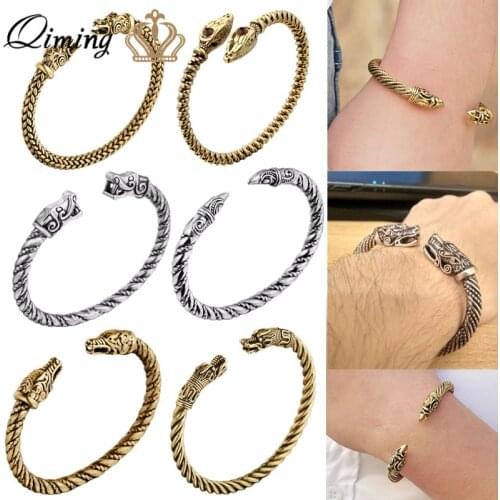 QIMING Dragon Bracelet Viking Bangle Fenrir Wristband Pagan Men Jewelry Slavic Wolf Head Cuff Bracelets For Women Bangles bew