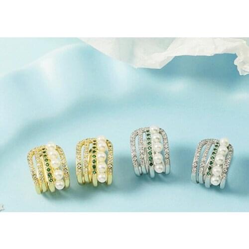 KOFSAC New Luxury 925 Sterling Silver Clip Earrings For Women Jewelry Shiny Zircon Green Pearl Non Pierced Ears Earring Girl