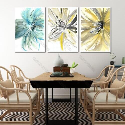 Nordic Style Canvas Painting Poster Print Abstract Watercolor Blue and Yellow Flowers Pictures for Nursery Rooms Wall Decoration