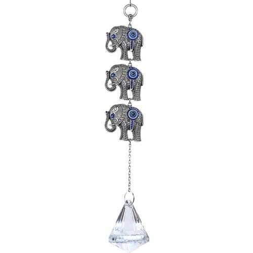 H&D Three Elephants Turkish Blue Evil Eye Suncatcher Home Protection Hanging Charm with Crystal Prisms Ornament Garden Decor