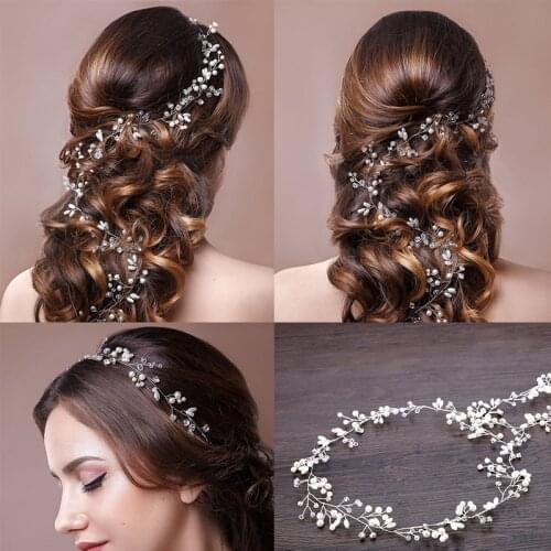 50-100cm Fashion Handmade Gold Silvery Long Headbands Pearl Rhinestone Wedding Tiara Hair Jewelry Trendy Bridal Accessories