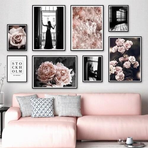 Wall Art Canvas Painting Retro Pink Rose Peony Flowers Jacket Girl Nordic Posters And Prints Wall Pictures For Living Room Decor