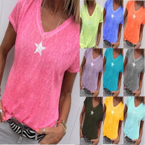Woman Tshirts Tops Pokemon Vintage Womens Star Print Solid Color Large Summer Casual V-neck Short-Sleeved T-shirt YFF6255