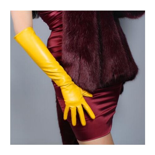Womens fashion yellow color sexy slim faux pu leather glove ladys club performance formal party leather long glove 50cm R2088