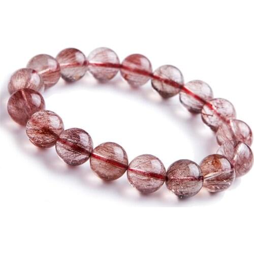 12mm Natural Genuine Red Rutilated Quartz Crystal Clear Round Bead Stretch Charm Bracelet Femme