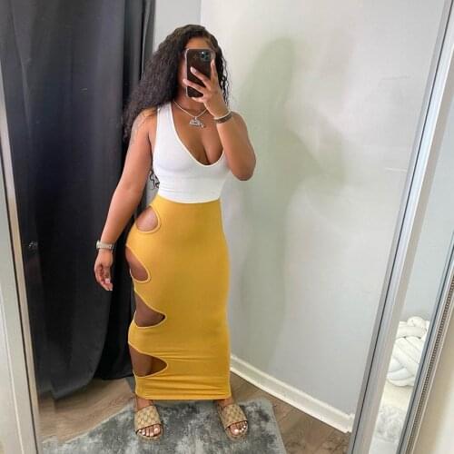 Summer Slit Hollow Out Slim Dress Women Contrast Sleeveless Bodycon Skinny Deep V-Neck Party Clothing Lady Long Dresses 2021 New