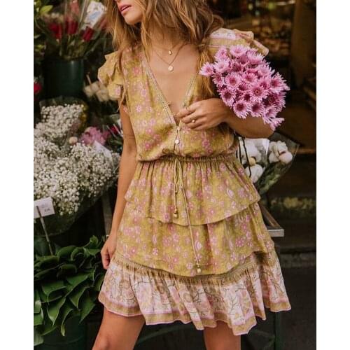 Happie Queens women yellow floral print V-neck lace beach Bohemian happie dress Ladies rayon Tassel Summer Boho midi dress