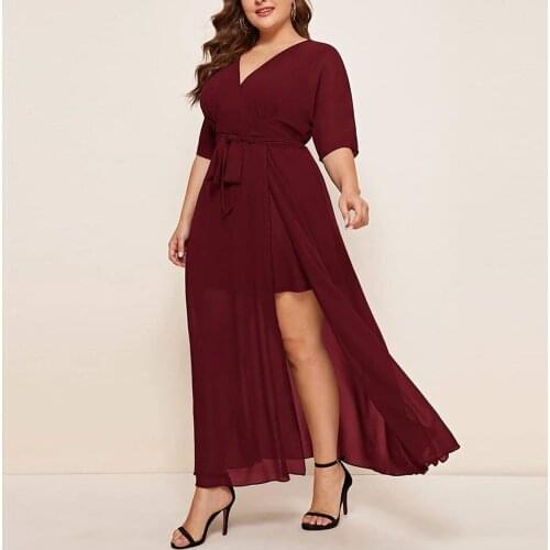 4XL 5XL Plus Size Chiffon Dress Women 2021 Summer V Neck Short Sleeve Boho Beach Dress Maxi High Split Sexy Party Dreses