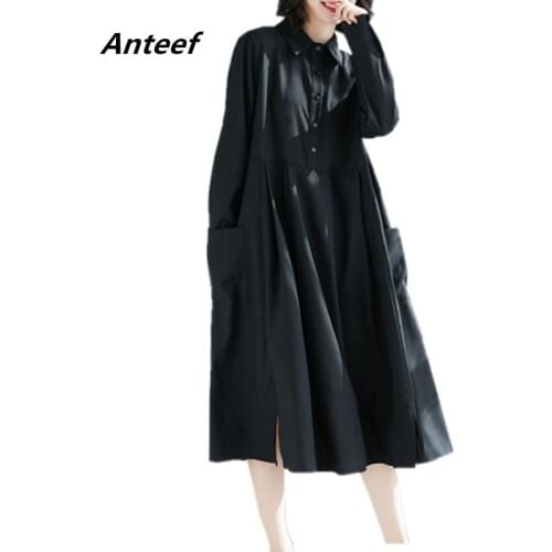 Long sleeve black plus size vintage women casual loose spring autumn party shirt dress elegant clothes 2021 ladies dresses
