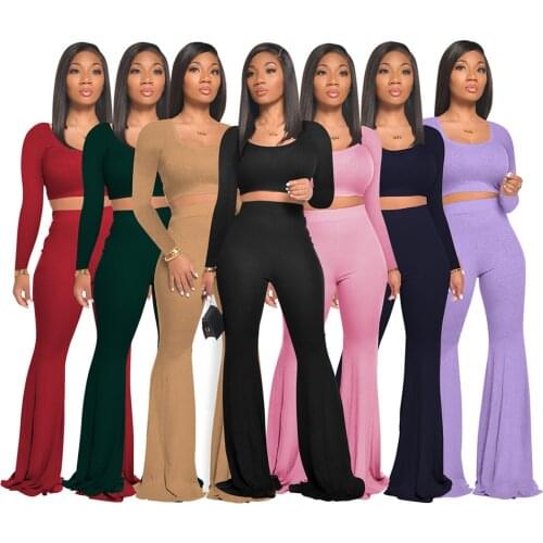 2021 New Arrival Clothes Spring Womens Flare Pants Pit Strip Solid Color Slim Long Sleeve 2 Piece Crop Tops Set Outfits