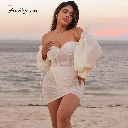 Avrilyaan 2021 White Mesh Skeleton Padded Sexy Dress For Women Bodycon Mini summer Dress Vestidos Elegant Night Party Dresses